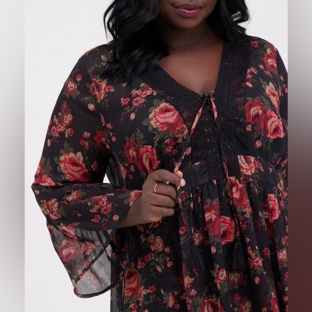 Torrid Babydoll Chiffon Lurex Crochet Lace-Up Sheer Blouse, Black Red Floral, 1X - Picture 6 of 14